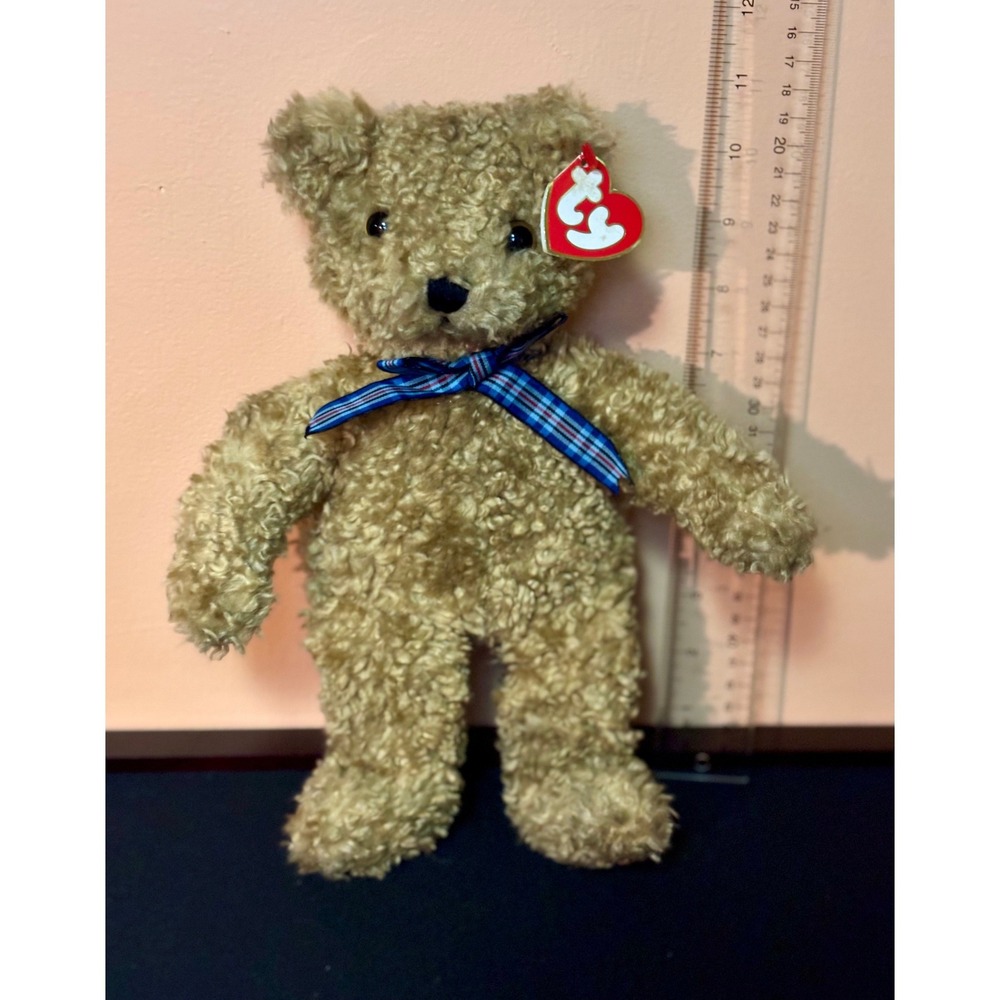 Vintage Ty 1992 Baby Curly Bear Tan Plush Plaid Ribbon 12 inch Heart Ear Tag